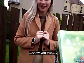 public agent cute blonde flashes her perky titties for cash and fucks huge cock in a basemant
