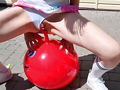 horny stepsister riding fitness ball with double penetration